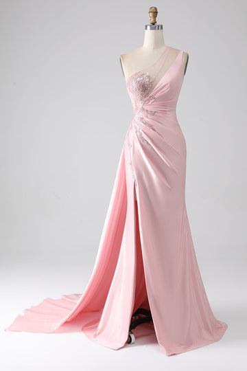 Rosa havfrue en skulder paljetter appliques ruched prom kjole med spalt